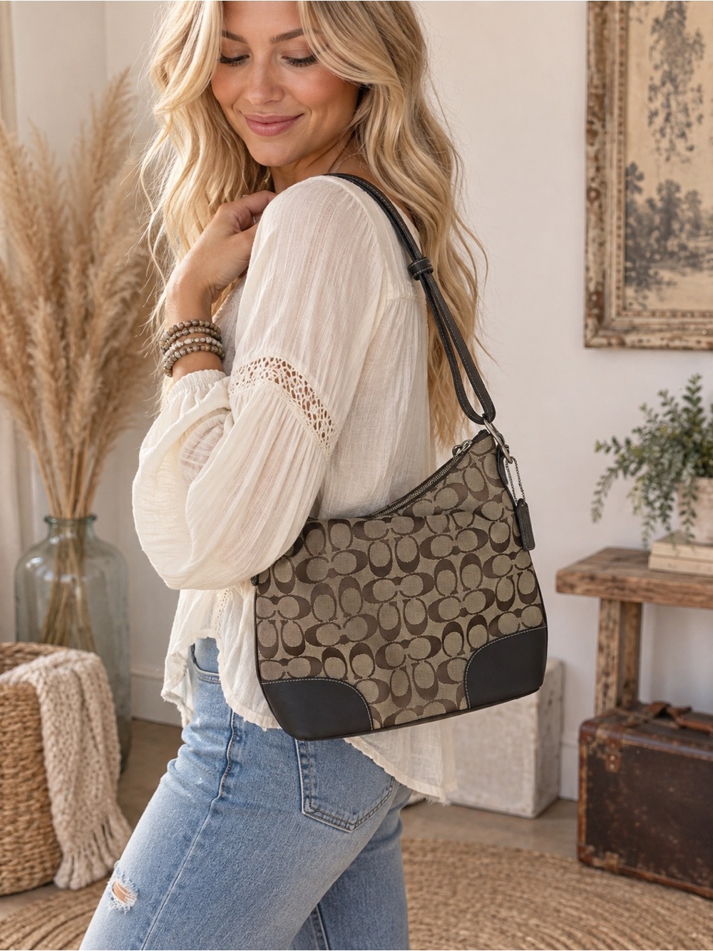 Vintage Coach Signature Canvas Hobo Bag in Brown